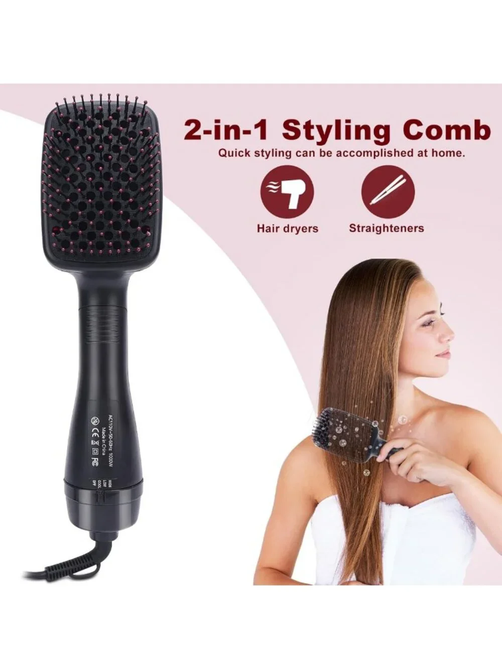 2-in-1 Hair Dryer Brush & Straightener, Negative Ion Technology, Reduces Frizz